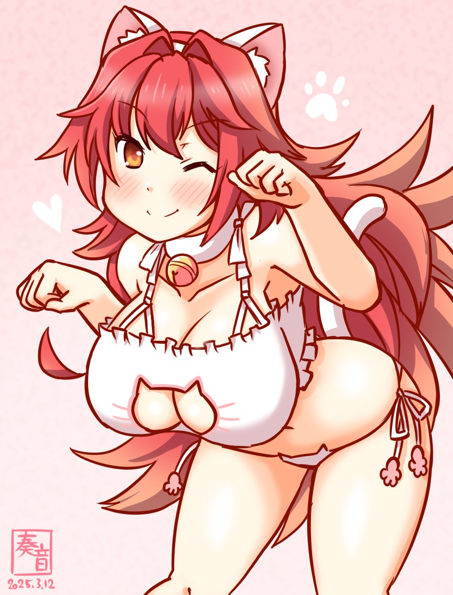 1girl alternate_costume artist_logo breasts cat_cutout cat_ear_panties cat_lingerie clothing_cutout cow_tail cowboy_shot dated gradient_background implied_tail_plug kanon_(kurogane_knights) kantai_collection large_breasts logo long_hair looking_at_viewer meme_attire messy_hair one-hour_drawing_challenge one_eye_closed panties paw_pose phoenix_(kancolle) pink_background red_hair solo tail underwear