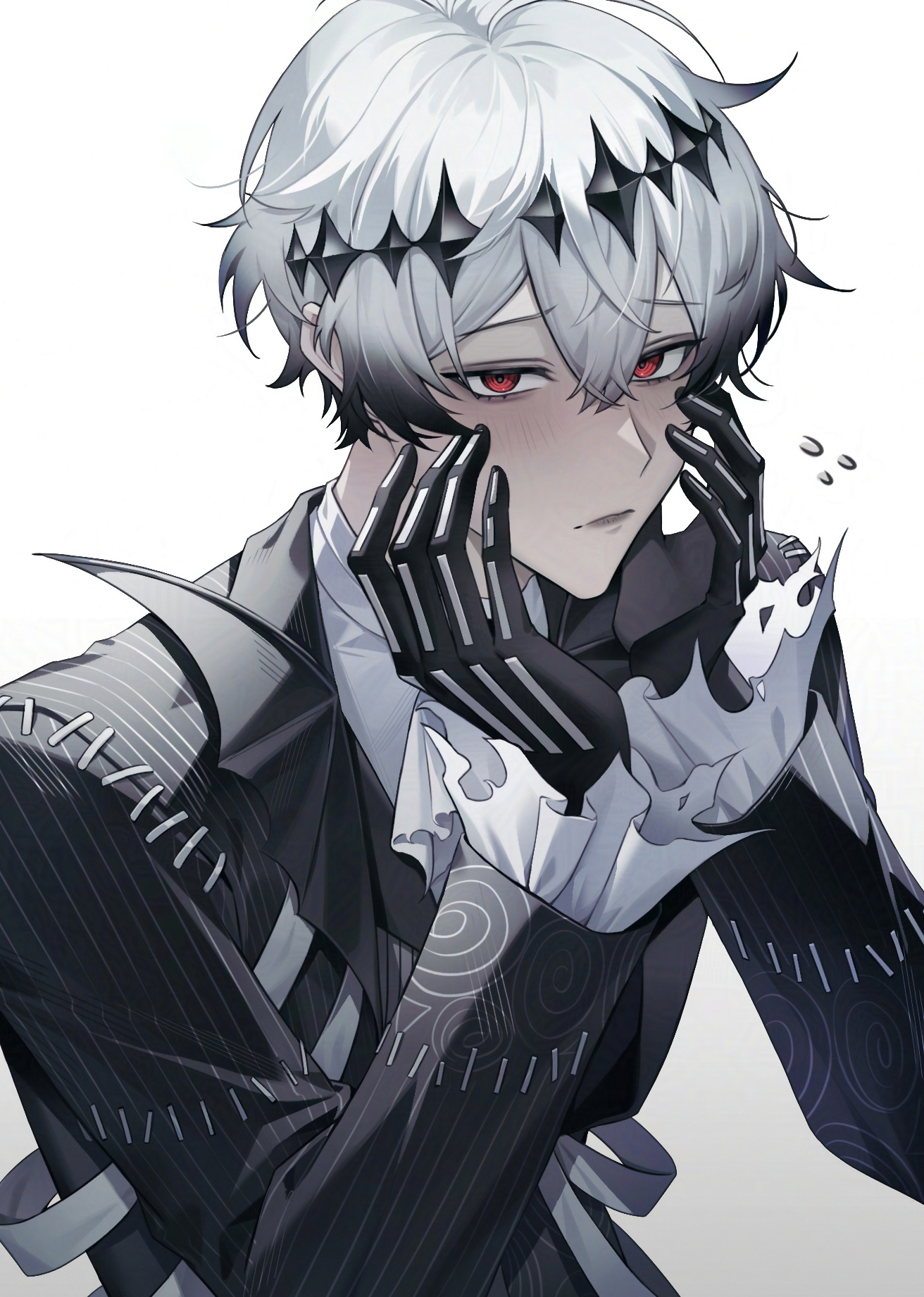 1boy 9_rnnr black_gloves black_hair black_jacket blush commentary_request commission diamond_hairband gloves gradient_hair grey_hair highres jacket korean_commentary long_sleeves looking_at_viewer male_focus multicolored_hair parted_lips pinstripe_jacket pinstripe_pattern red_eyes shirt simple_background skully_j._graves solo twisted_wonderland upper_body white_background white_shirt