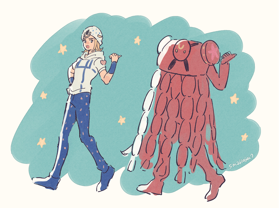 2boys beanie blonde_hair blue_eyes dancing hat hood hoodie johnny_joestar jojo_no_kimyou_na_bouken male_focus multiple_boys namihaya standing star_(symbol) star_print steel_ball_run tusk_(stand) tusk_act4