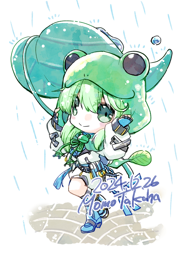 1girl armored_boots artist_name blue_boots blue_gloves boots brooch chibi chibi_only closed_mouth commentary_request dated fingerless_gloves frog_hat full_body gloves green_eyes green_hair jewelry jumpsuit leaf_umbrella long_hair long_sleeves looking_at_viewer mechanic_(ragnarok_online) official_alternate_costume ragnarok_online rain smile solo standing standing_on_one_leg takaha_momo tassel white_background white_jumpsuit