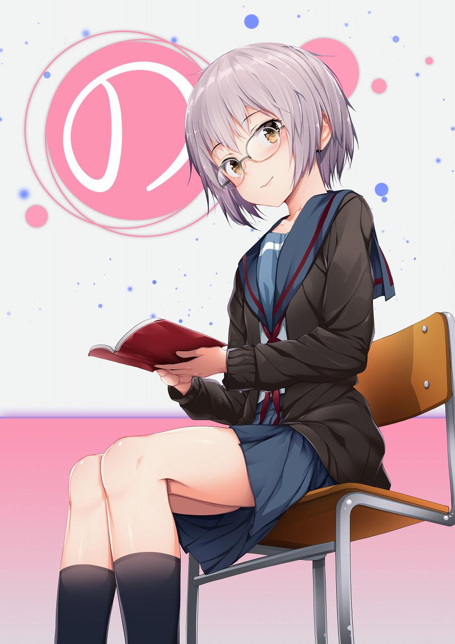 1girl black_socks blush book breasts cardigan chain female_focus glasses gradient_background highres kyoto_animation light_purple_hair looking_at_viewer nagato_yuki open_book open_cardigan open_clothes polka_dot polka_dot_background school_uniform serafuku shirakaba short_hair sitting skirt socks solo suzumiya_haruhi_no_yuuutsu yellow_eyes