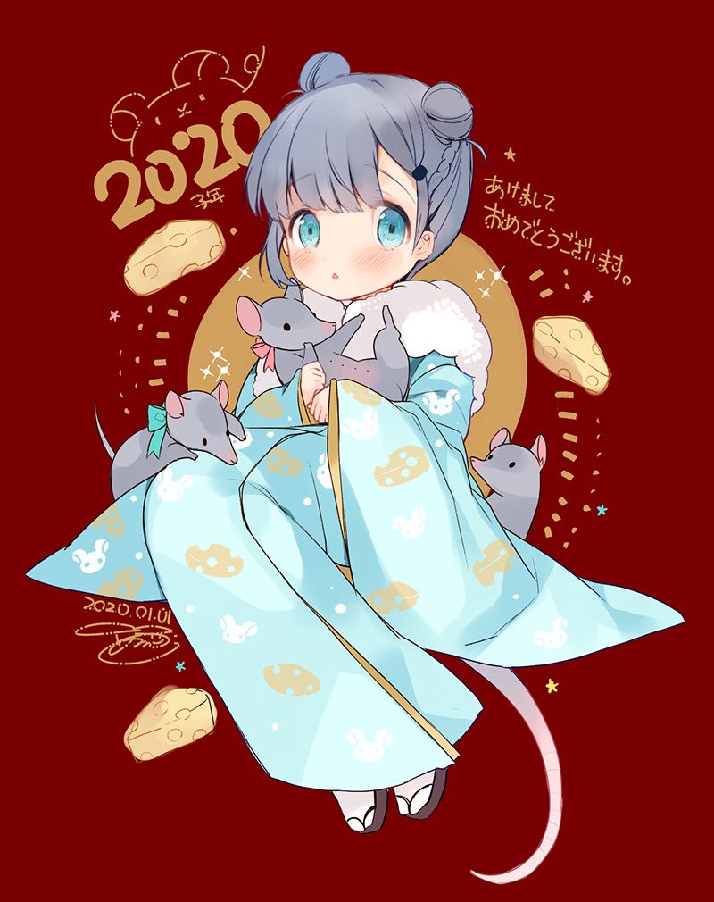 1girl 2020 animal animal_print blue_eyes blue_kimono braid cheese_print commentary_request dated double_bun food_print full_body fur-trimmed_kimono fur_trim grey_hair hair_bun hair_ornament hairclip holding holding_animal invisible_chair japanese_clothes kimono long_sleeves looking_at_viewer mouse_(animal) mouse_tail okobo open_mouth original platform_sandals print_kimono red_background sandals senmen_kinuko short_hair sitting solo swept_bangs tabi tail translation_request wide_sleeves