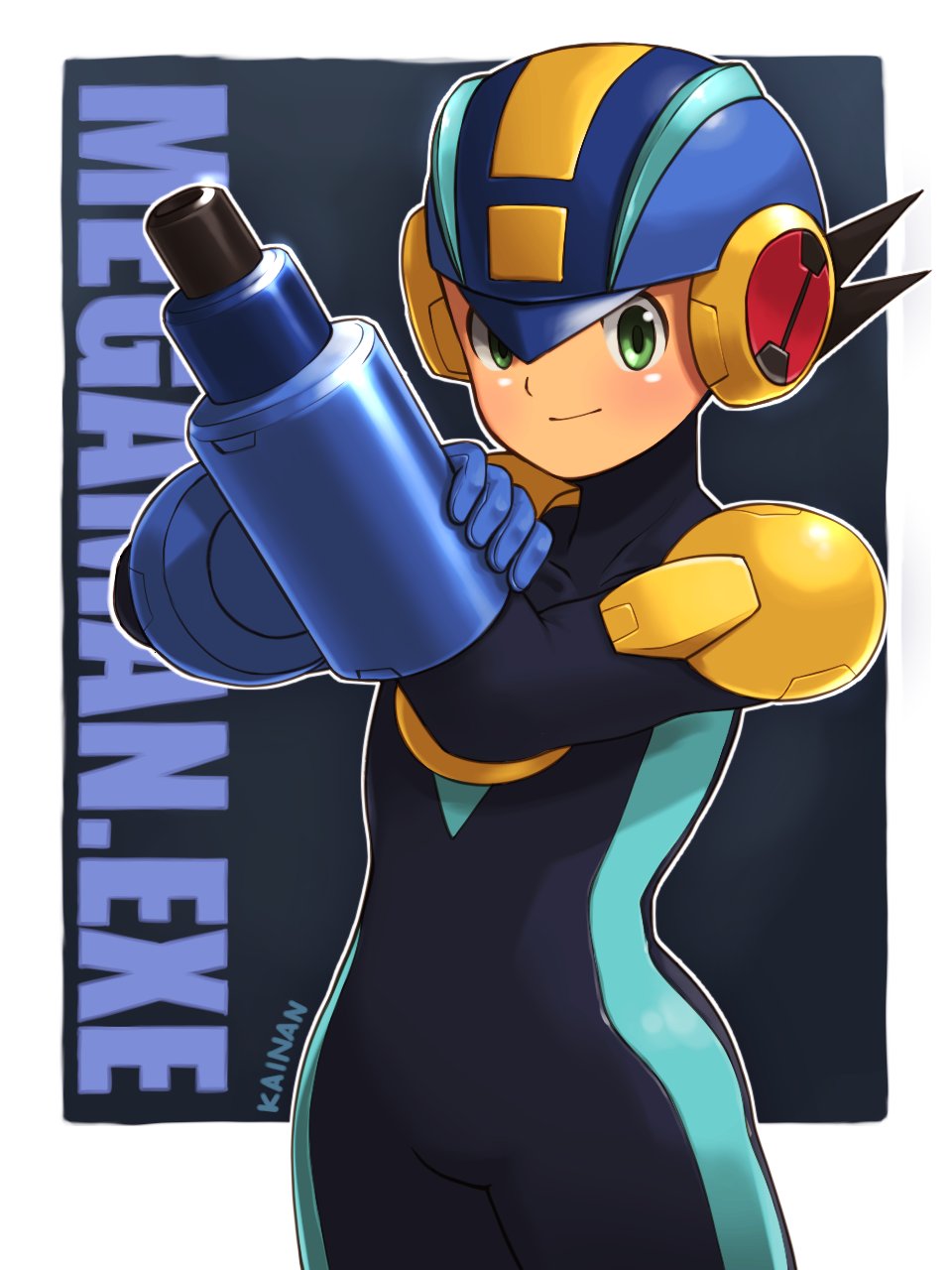 1boy arm_cannon black_background blue_bodysuit blue_helmet bodysuit border character_name cowboy_shot green_eyes helmet highres kainan male_focus mega_man_(series) mega_man_battle_network_(series) megaman.exe netnavi simple_background solo weapon white_border