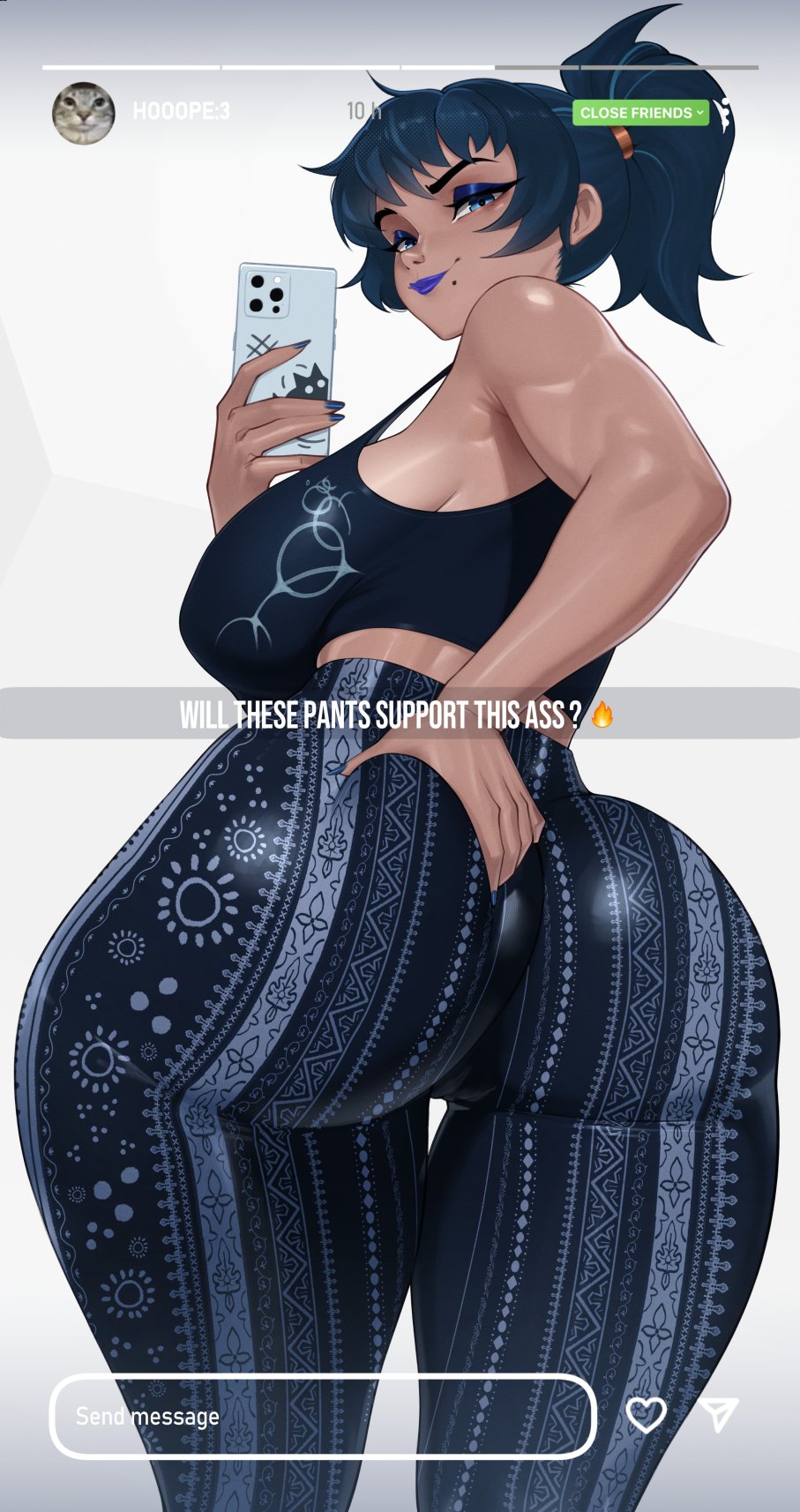 1girl ass ass_focus black_pants black_tank_top blue_eyes blue_eyeshadow blue_hair blue_lips breasts cellphone english_text eyeshadow fake_screenshot forbidden_pants fortnite highres holding holding_phone hope_(fortnite) huge_ass instagram instagram_story instagram_username large_breasts lilatole looking_back makeup meme_attire mirror_selfie mole mole_under_mouth pants phone ponytail print_pants selfie shadow_blade_hope_(fortnite) short_ponytail smartphone solo tank_top