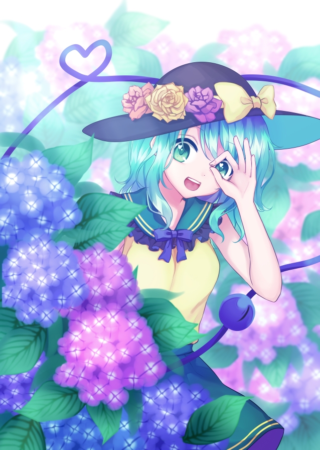 1girl :d arm_up blue_neckwear blue_ribbon blurry commentary_request cowboy_shot depth_of_field female_focus fingers_together flower frilled_shirt_collar frills green_eyes green_skirt hair_between_eyes hand_on_own_face hat hat_flower hat_ribbon heart heart_of_string hydrangea komeiji_koishi leaf looking_at_viewer open_mouth purple_robe red_flower red_rose ribbon rnkgmn robe rose shirt skirt sleeveless sleeveless_shirt smile solo teeth third_eye touhou upper_teeth_only yellow_flower yellow_rose yellow_shirt