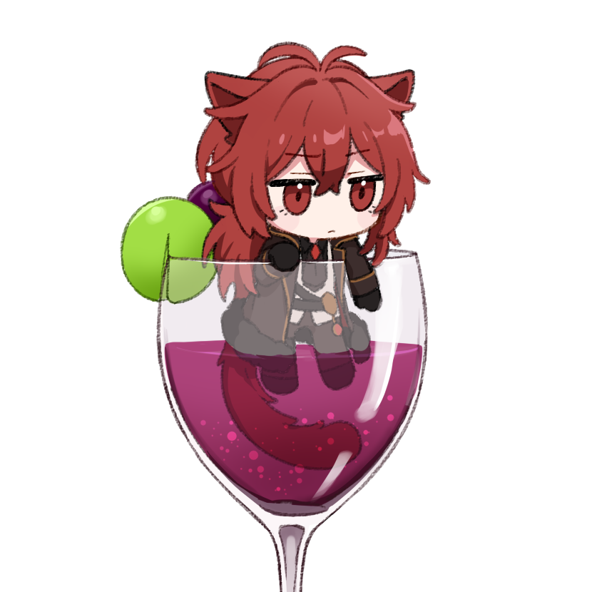 1boy alcohol animal_ears antenna_hair belt black_belt black_coat black_gloves black_necktie black_pants black_shirt cat_boy cat_ears cat_tail chibi closed_mouth coat collared_coat collared_shirt commentary crossed_bangs cup diluc_(genshin_impact) drinking_glass food frown fruit genshin_impact gloves grapes hair_between_eyes hair_intakes in_container in_cup kn_(akairo0530) lapels long_hair long_sleeves low_ponytail male_focus mini_person miniboy necktie open_clothes open_coat pants ponytail red_eyes red_hair red_wine shirt sidelocks simple_background sleeve_cuffs solo tail vest white_background white_vest wine wine_glass