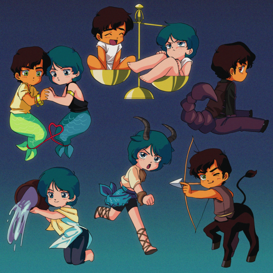 &gt;_o 1980s_(style) 2boys :&gt; :&lt; :o :q ^_^ aquarius_(zodiac) armlet backless_outfit backless_shirt bangle bare_shoulders barefoot black_footwear black_shirt black_shorts blue_background blue_eyes blue_hair blush bracelet brown_footwear brown_vest capricorn_(zodiac) centaur chibi closed_eyes closed_mouth dark_skin film_grain furrowed_brow gradient_background green_eyes gundam gundam_zz hasemil heart holding_hands holding_jug horns jewelry judau_ashta jug_(bottle) kamille_bidan kneeling libra_(zodiac) long_sleeves looking_at_viewer looking_back male_focus merman monster_boy multiple_boys multiple_views oldschool one_eye_closed open_mouth pants pisces_(zodiac) pouring purple_pants red_eyes retro_artstyle robe sagittarius_(zodiac) sandals scorpio_(zodiac) scorpion_tail shirt shoes short_hair short_sleeves shorts simple_background sitting sleeveless sleeveless_shirt smile sweat tail taur thick_eyebrows toga tongue tongue_out turtleneck v-shaped_eyebrows vest water white_robe yaoi yellow_shirt zeta_gundam zodiac