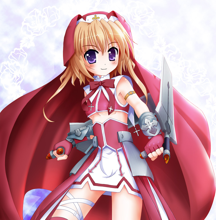10s 1girl alternate_costume blonde_hair breasts chantez_apinion female_focus flipper lyrical_nanoha mahou_shoujo_lyrical_nanoha mahou_shoujo_lyrical_nanoha_vivid phantasma_(nanoha) purple_eyes small_breasts solo thigh_strap tonfa underboob weapon