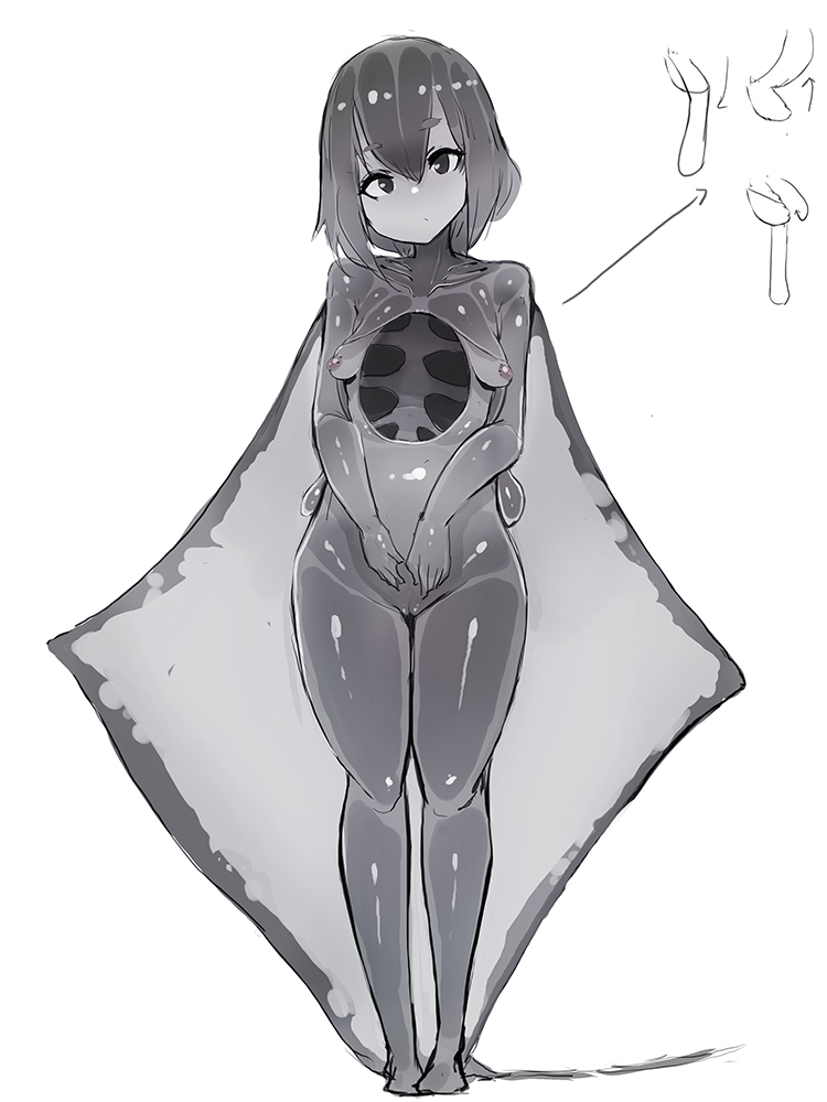 1girl bad_id bad_twitter_id black_eyes female_focus fins full_body giant_oceanic_manta_ray_(diddms1999) grey_hair hair_between_eyes looking_at_viewer monster_girl my700 nipples nude original pussy short_hair solo