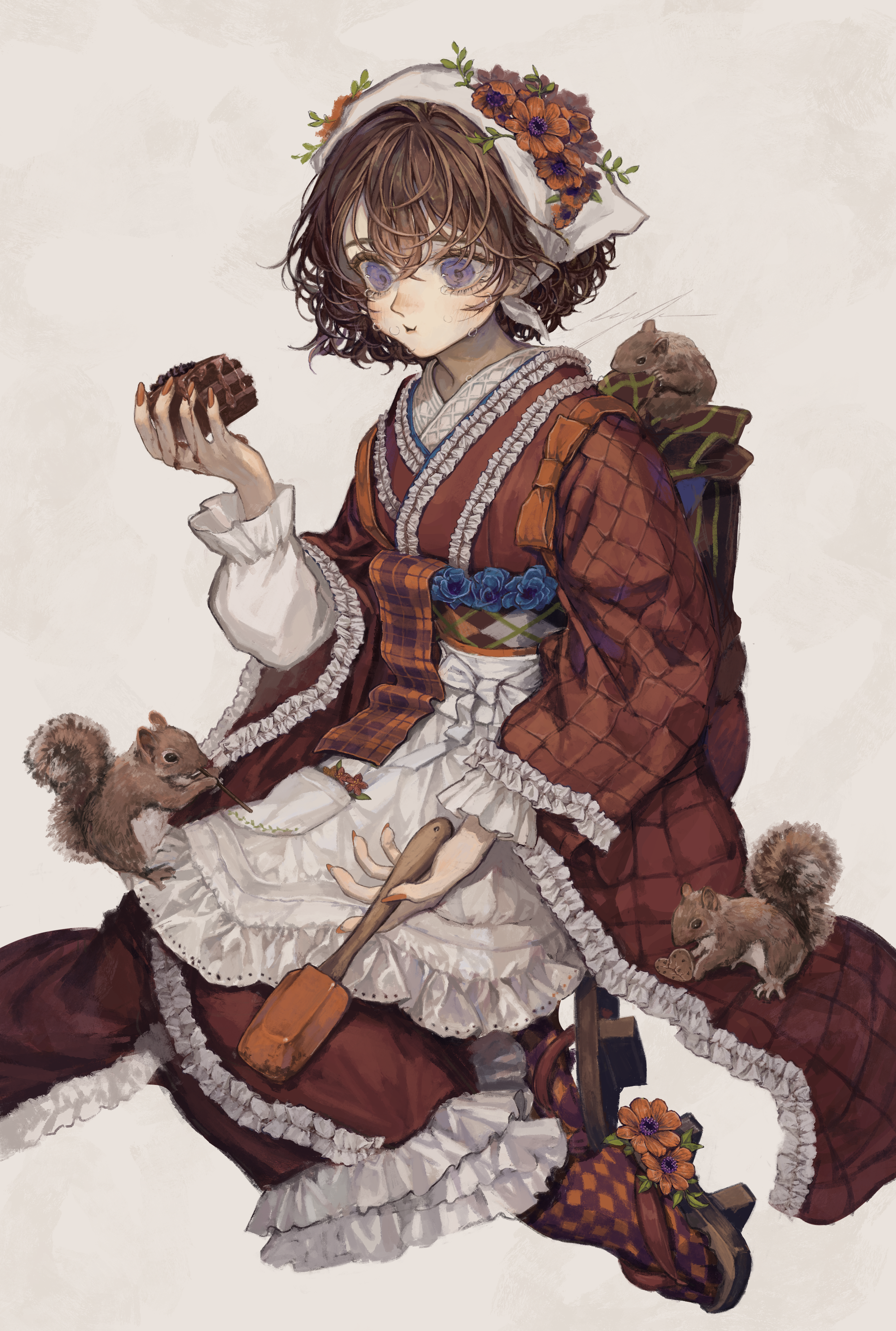 1girl absurdres brown_hair eating flower food furisode highres holding holding_food japanese_clothes kimono maid original print_kimono sayoko_(sayosny2) squirrel taishou wa_maid