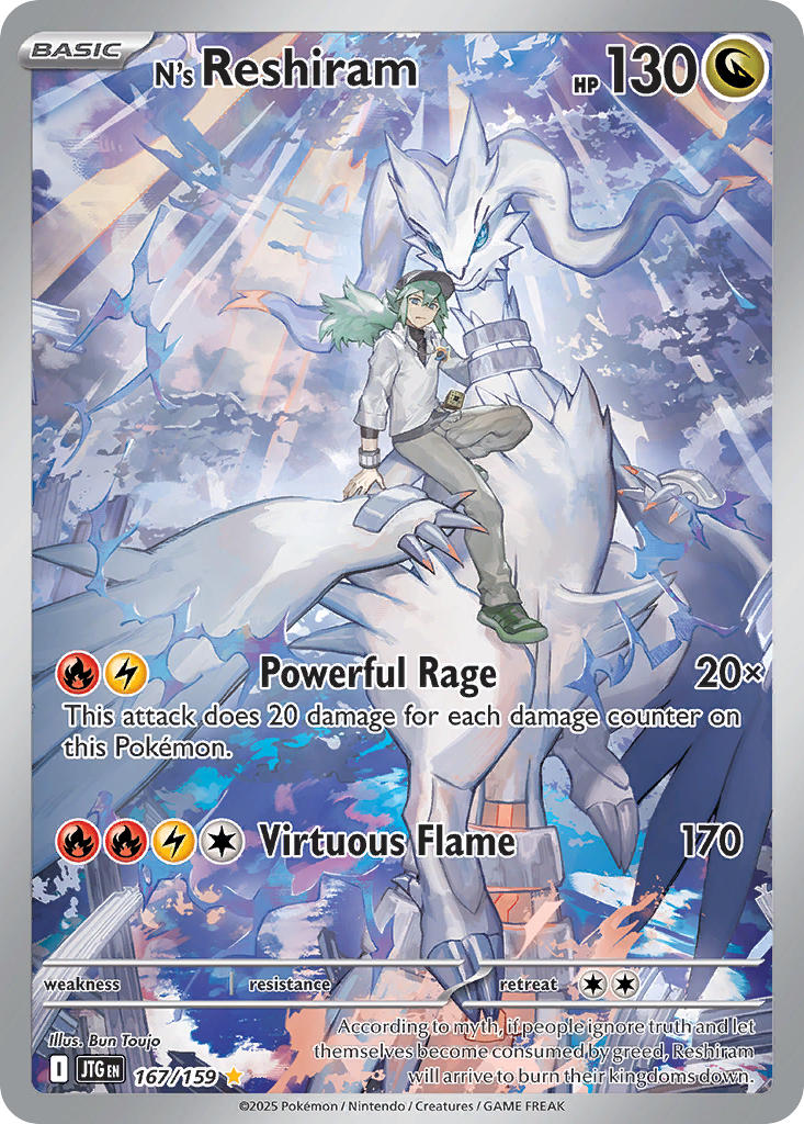 artist_name black_shoes blue_eyes blue_sclera bracelet card_(medium) character_name claws closed_mouth cloud cloudy_sky collared_shirt colored_sclera company_name copyright_name copyright_notice dragon english_text flying gen_5_pokemon green_eyes green_hair grey_pants hat jewelry legendary_pokemon long_hair n_(pokemon) nintendo official_art pants pokemon pokemon_(creature) pokemon_bw pokemon_card pokemon_tcg reshiram riding riding_pokemon shirt shoes sky sunlight third-party_source toujou_bun trading_card white_shirt