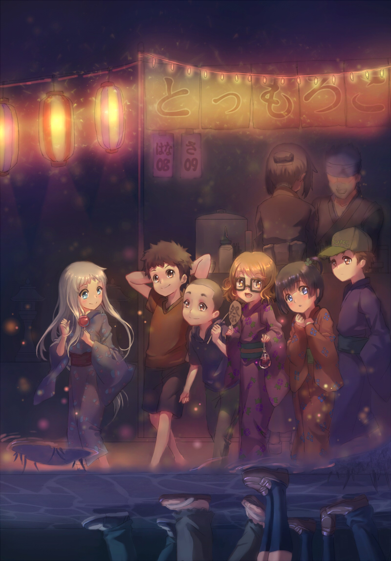 10s 3boys 3girls anjou_naruko ano_hi_mita_hana_no_namae_wo_bokutachi_wa_mada_shiranai. bag black_hair blue_eyes brown_eyes brown_hair candy_apple child criin_(659503) hand_fan festival fish glasses goldfish hands_in_pockets hat hisakawa_tetsudou holding honma_meiko japanese_clothes kimono long_hair matsuyuki_atsumu multiple_boys multiple_girls obi paper_fan sash silver_hair smile tsurumi_chiriko uchiwa yadomi_jinta yukata