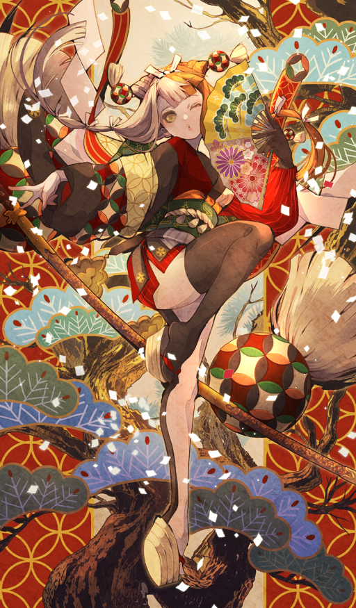 1girl black_gloves black_kimono black_thighhighs breasts closed_mouth commentary crest dancing dot_mouth family_crest fate/grand_order fate_(series) fine_art_parody folding_fan full_body gloves green_sash hair_ribbon hand_fan head_tilt holding holding_fan izumo_no_okuni_(fate) japanese_clothes katana kimono leg_up long_hair looking_at_viewer multi-tied_hair multicolored_hair multicolored_kimono nanahara_shie nihonga obi obiage obijime official_art okobo one_eye_closed orange_hair paper_fan parody platform_clogs platform_sandals red_kimono ribbon sandals sash sheath sheathed short_kimono single_glove single_thighhigh skindentation solo sword thighhighs third-party_source two-tone_hair v weapon white_hair white_ribbon wide_sleeves yellow_eyes