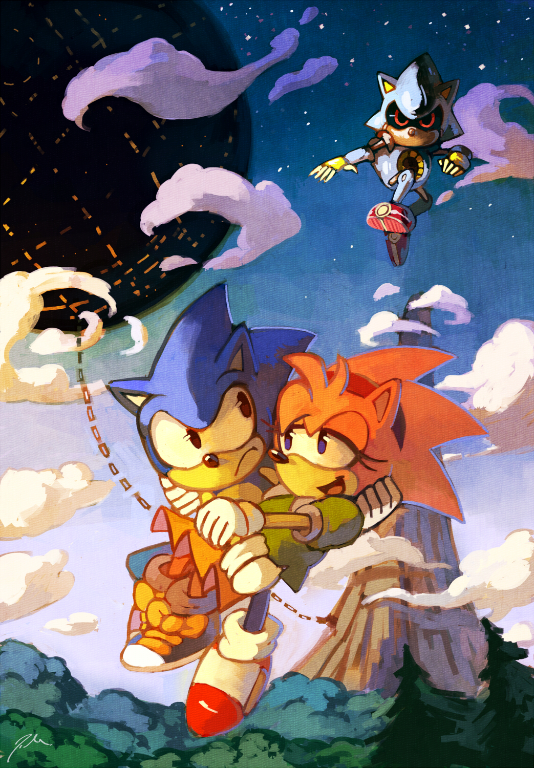 1girl 2boys amy_rose blue_eyes bluekomadori carrying closed_mouth cloud eyelashes furry furry_female furry_male hairband highres metal_sonic multiple_boys outdoors pine_tree princess_carry red_eyes red_hairband red_shoes shoes sonic_(series) sonic_cd sonic_the_hedgehog sonic_the_hedgehog_(classic) star_(sky) tower tree