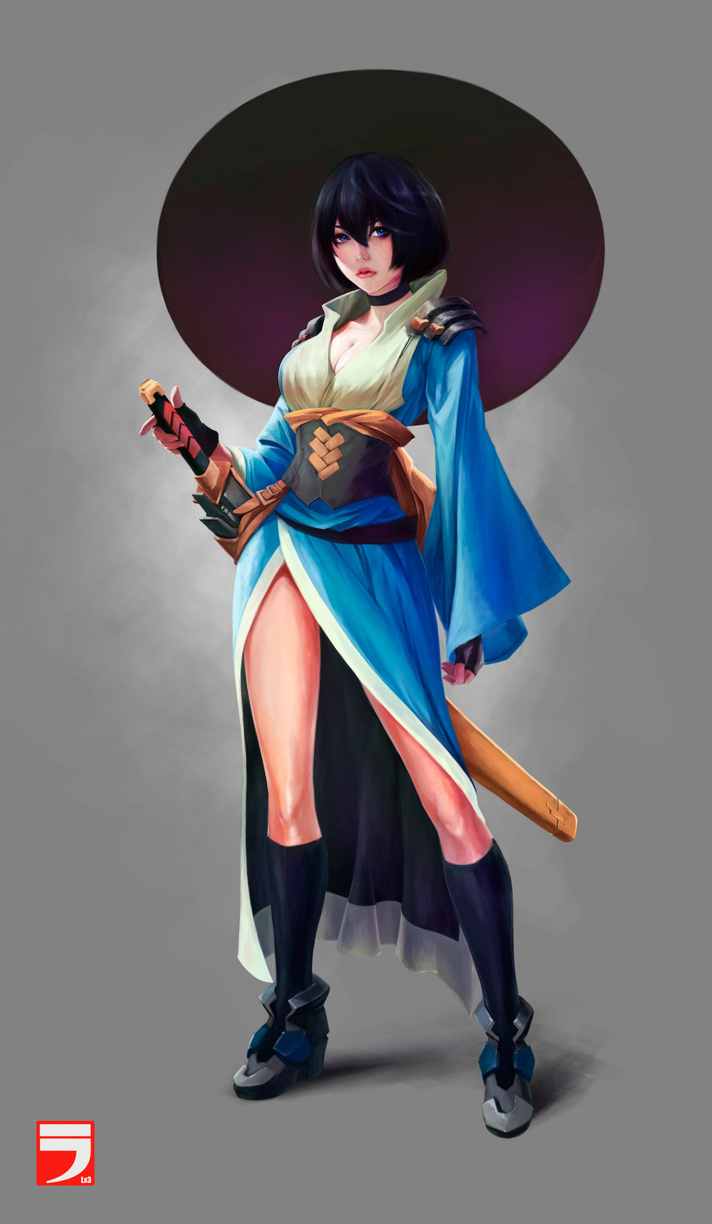 1girl alex_vili arc_system_works black_choker black_hair blue_eyes blue_kimono breasts choker cleavage contra fingerless_gloves full_body gloves hard_corps:_uprising hat highres japanese_clothes kimono legs lips samurai sayuri_(hard_corps) sheath sheathed short_hair socks solo sword weapon