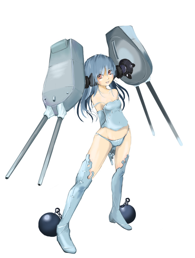 1girl arms_behind_back ball_and_chain_restraint bare_shoulders battleship blue_hair female_focus gun hms_royal_sovereign long_hair mecha_musume military military_vehicle nano_(nanosize) original panties personification ship ship_turret simple_background solo strap_slip string_panties underwear warship watercraft weapon white_background