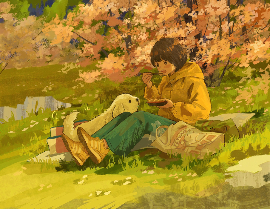 1girl :o artist_name bag blue_pants brown_footwear cherry_blossoms chopsticks denim dog eating grass hood hood_down hooded_jacket jacket meal original pants park shoes shopping_bag short_hair sitting slice_of_life sneakers spring_(season) tree white_dog yellow_jacket yeyuan33