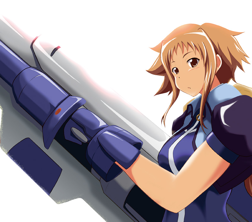 00s azumaya_hironaru brown_eyes brown_hair dieci_(nanoha) long_hair lyrical_nanoha mahou_shoujo_lyrical_nanoha mahou_shoujo_lyrical_nanoha_strikers numbers_(nanoha) short_hair solo weapon