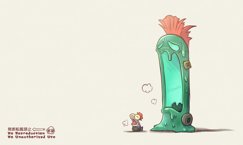 artist_name closed_eyes commentary_request grey_background mohawk mudmouth_(splatoon) nintendo no_humans open_mouth red_hair salmon_run_(splatoon) simple_background smallfry_(splatoon) splatoon_(series) splatoon_3 splatoon_hawo watermark