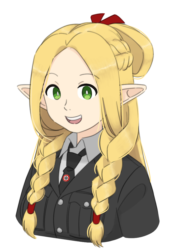 1girl :d black_cat03 black_jacket black_necktie blonde_hair braid collar_tabs dungeon_meshi elf green_eyes hair_ribbon jacket long_hair looking_at_viewer marcille_donato military_dress_uniform military_jacket military_uniform nazi nazi_party_pin necktie open_mouth pointy_ears red_ribbon ribbon simple_background smile solo ss_uniform swastika teeth twin_braids upper_teeth_only waffen-ss white_background