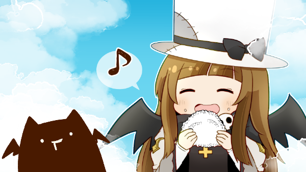 1girl arch_bishop_(ragnarok_online) black_bow black_dress blue_sky bow closed_eyes cloud commentary_request creature cross day demon deviruchi dress eating food food_on_face hat hat_bow long_hair musical_note onigiri open_mouth outdoors pochiko_(poteko) ragnarok_online rice rice_on_face sky smile solo spoken_musical_note two-tone_dress upper_body white_hat