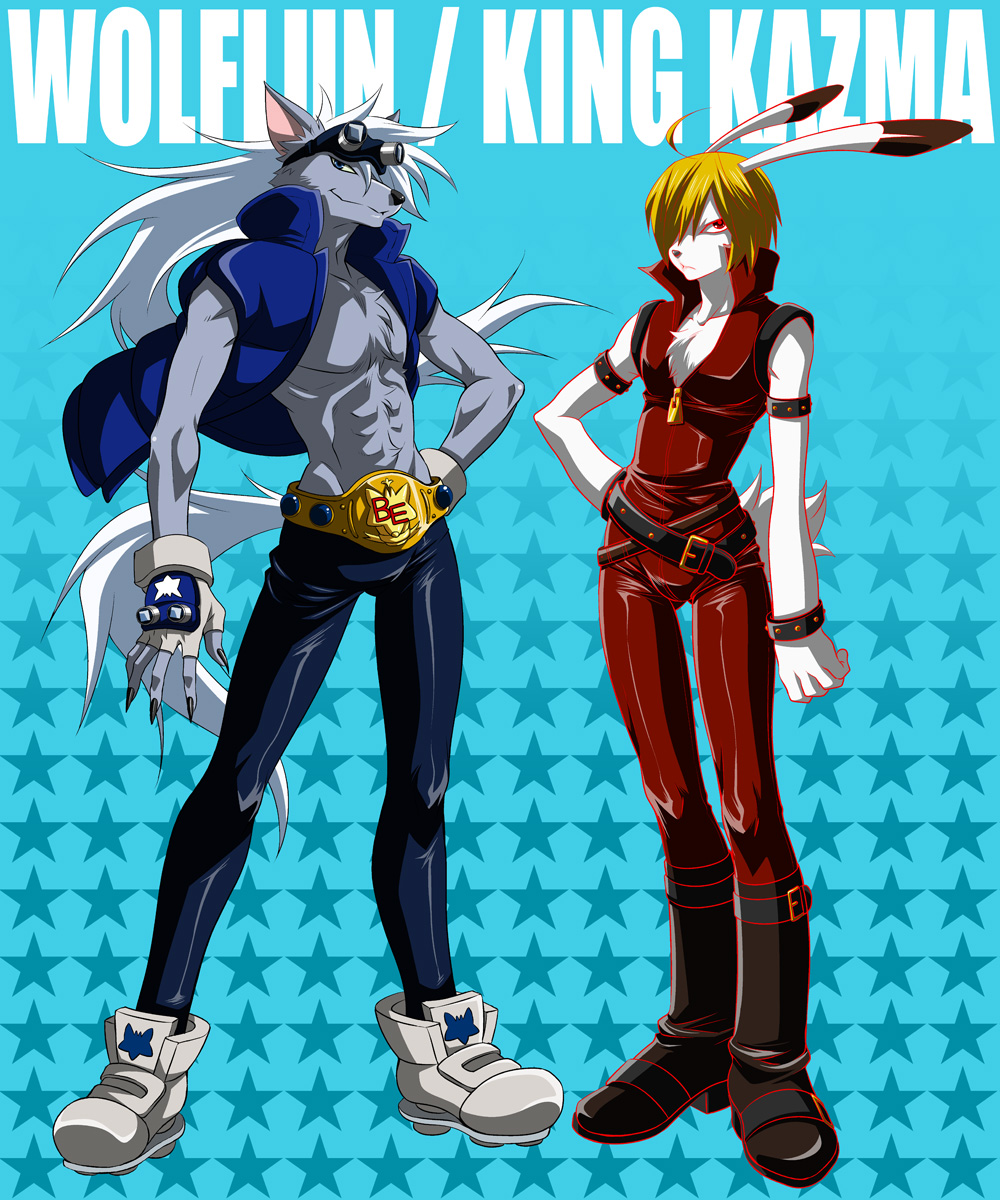 2boys armlet blonde_hair blue_background blue_eyes blue_jacket body_fur boots claws commentary_request cosplay costume_switch fingerless_gloves full_body furry furry_male gloves goggles goggles_on_head grey_fur hand_on_own_hip high_collar highres jacket jewelry jumpsuit king_kazma long_hair looking_at_viewer male_focus multiple_boys precure rabbit_boy red_eyes red_jumpsuit shoes short_hair sleeveless sleeveless_jacket sleeveless_jumpsuit smile_precure! sneakers standing star_(symbol) star_symbol_background studded_armlet summer_wars tail toned toned_male very_long_hair wauwa white_fur white_hair wolf_boy wolfrun