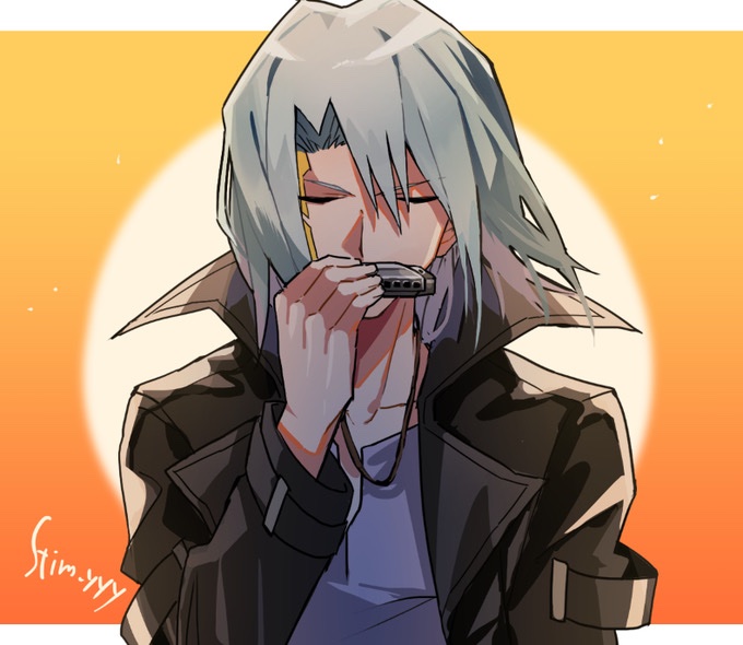 1boy artist_name black_coat closed_eyes coat commentary_request grey_hair harmonica instrument kiryu_kyosuke kuroda_(kuro_yyy) male_focus medium_hair open_clothes open_coat solo sunset upper_body yu-gi-oh! yu-gi-oh!_5d&#039;s