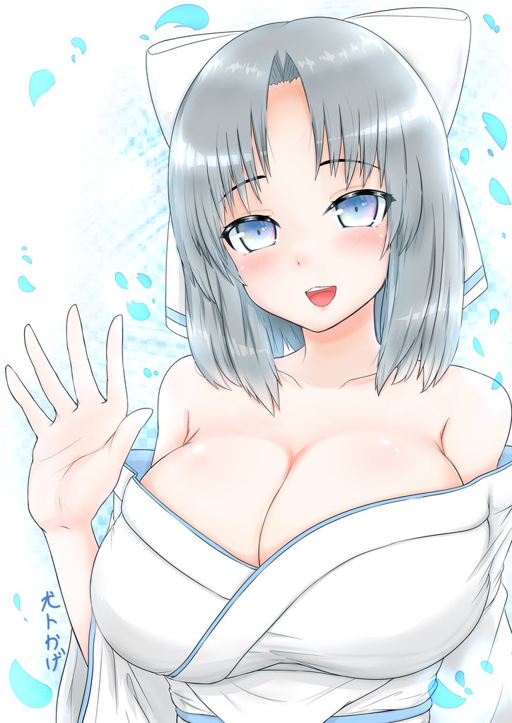 1girl blue_eyes blush bow breasts cleavage commentary_request grey_hair hair_bow inutokage japanese_clothes kimono large_breasts low_neckline medium_hair open_mouth ribbon-trimmed_kimono ribbon_trim senran_kagura senran_kagura_new_link smile solo striped_bow textless_version waving white_bow white_kimono yumi_(senran_kagura)