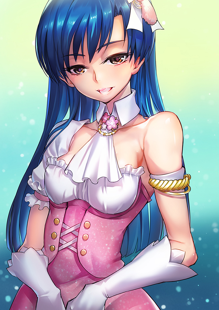 1girl armlet bare_shoulders blue_hair bow brown_eyes collarbone commentary_request detached_collar dress female_focus gloves gradient_background hair_bow idolmaster idolmaster_(classic) idolmaster_platinum_stars jewelry kisaragi_chihaya long_hair looking_at_viewer necktie parted_lips smile solo todee