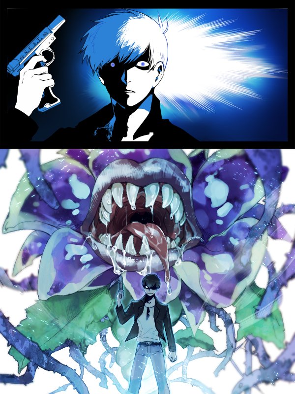 10s 1boy arm_at_side belt black_hair blank_eyes blurry clenched_hand denim depth_of_field dobusu_(osomatsu-san) drooling evoker eyewear_hang f6_(osomatsu-san) finger_on_trigger gun holding holding_gun holding_weapon jacket jeans long_sleeves looking_at_viewer male_focus marshmallow_d matsuno_karamatsu one_eye_covered osomatsu-kun osomatsu-san osomatsu_(series) pants parody persona persona_3 plant_monster saliva shaded_face sharp_teeth smirk standing sunglasses teeth thorns tongue tongue_out unworn_eyewear weapon