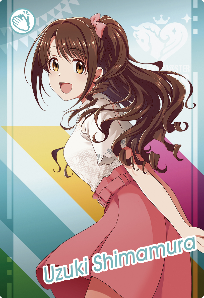 1girl belt bow brown_eyes brown_hair english_text flag hair_bow heart idolmaster idolmaster_cinderella_girls idolmaster_tours official_art open_mouth shimamura_uzuki side_ponytail skirt solo