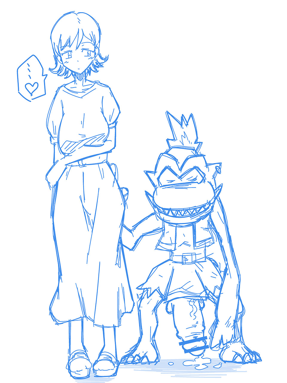 1boy 1girl cum digimon digimon_(creature) digimon_adventure:_last_evolution_kizuna goburimon highres netorare penis sharp_teeth short_hair takenouchi_sora teeth