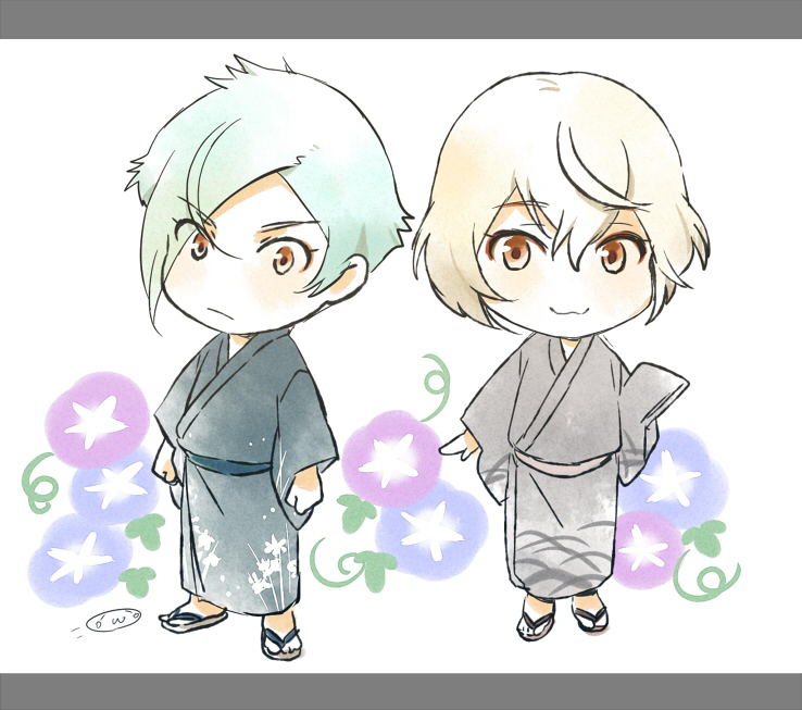 10s 2boys :3 blonde_hair chibi eyes_visible_through_hair flower green_hair higekiri_(touken_ranbu) hizamaru_(touken_ranbu) japanese_clothes kimono male_focus mizuhara_aki morning_glory multiple_boys sandals smile touken_ranbu yellow_eyes yukata