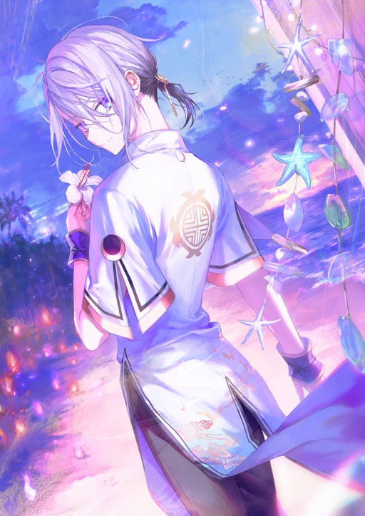 1boy beach bishounen black_pants blue_eyes chinese_clothes closed_mouth clothing_request cowboy_shot dutch_angle fate/grand_order fate_(series) flower flower_to_mouth game_cg hair_between_eyes hair_tie hand_up hibiscus high_collar holding holding_flower hou_(ppo) long_hair_between_eyes looking_at_viewer looking_back low_ponytail male_focus multicolored_eyes ocean official_art pants ponytail prince_of_lan_ling_(eastern_socialite_attire)_(fate) prince_of_lan_ling_(fate) purple_eyes purple_theme purple_wrist_cuffs sand short_ponytail short_sleeves sidelocks smile solo starfish third-party_source two-tone_eyes white_flower wrist_cuffs
