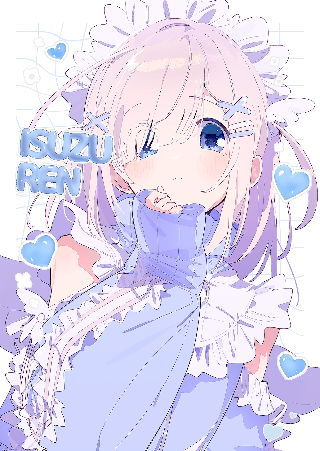 1girl alternate_costume bare_shoulders blue_dress blue_eyes border character_name closed_mouth clothing_cutout collared_dress commentary_request dot_nose dress enmaided eyelashes eyes_visible_through_hair flower frilled_dress frills frown grid_background hair_ornament hair_over_one_eye hairclip hand_on_own_chin heart highres isuzu_ren light_blush long_sleeves looking_at_viewer magia_record:_mahou_shoujo_madoka_magica_gaiden mahou_shoujo_madoka_magica maid maid_headdress medium_hair neck_ribbon outside_border pink_hair ribbon serizawa_serizane shoulder_cutout sleeves_past_wrists solo upper_body white_background white_border white_flower white_ribbon x_hair_ornament