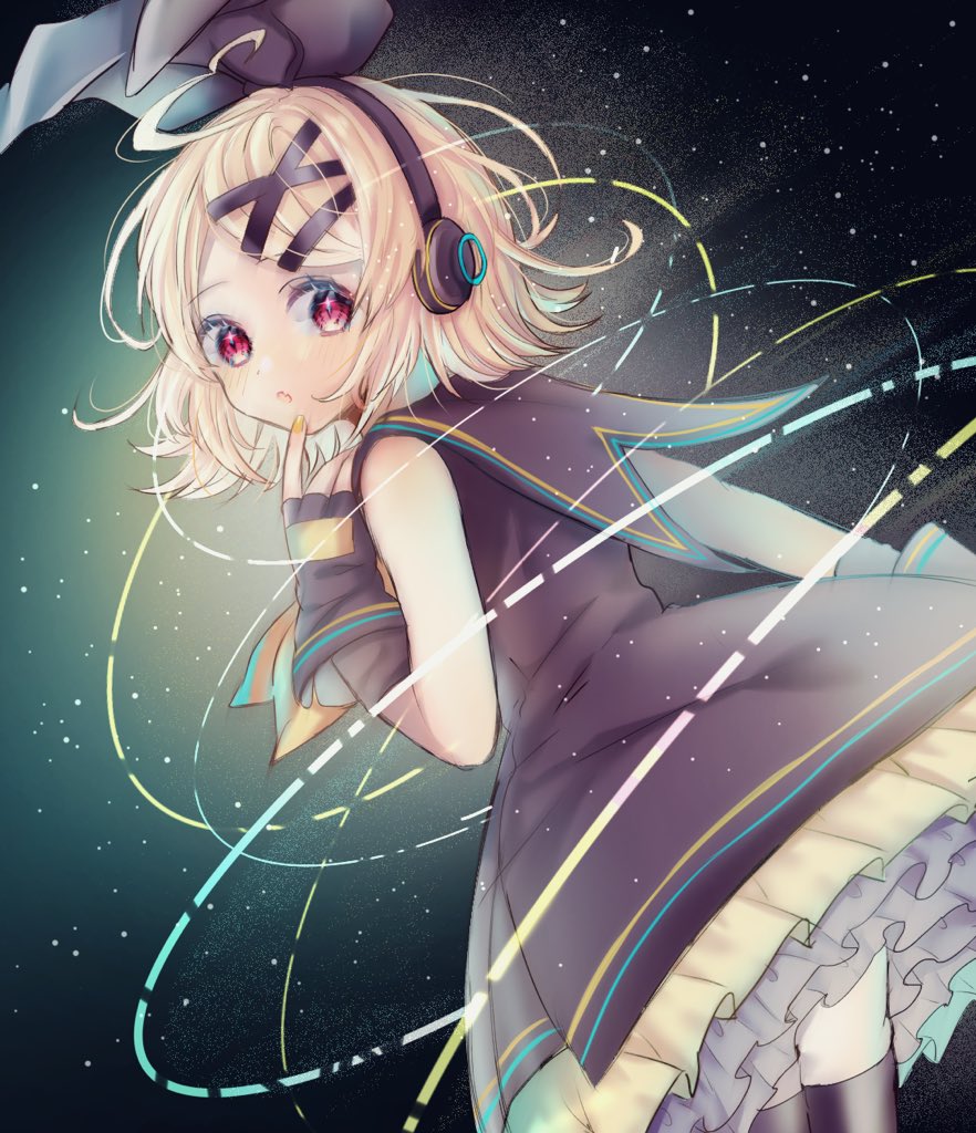 1girl bare_shoulders black_background black_bow black_collar black_dress black_thighhighs blonde_hair bow collar collared_dress commentary dress female_focus finger_to_own_chin fingerless_gloves frilled_dress frills from_behind gloves hair_bow hair_ornament hairclip headphones hologram index_finger_raised jewelry kagamine_rin layered_dress looking_back mobukyara_(mobumobu0817) nail_polish neckerchief night night_sky red_eyes ring short_hair sky solo sour_model_(mikumikudance) star_(sky) starry_sky swept_bangs thighhighs vocaloid white_bow yellow_nails yellow_neckerchief