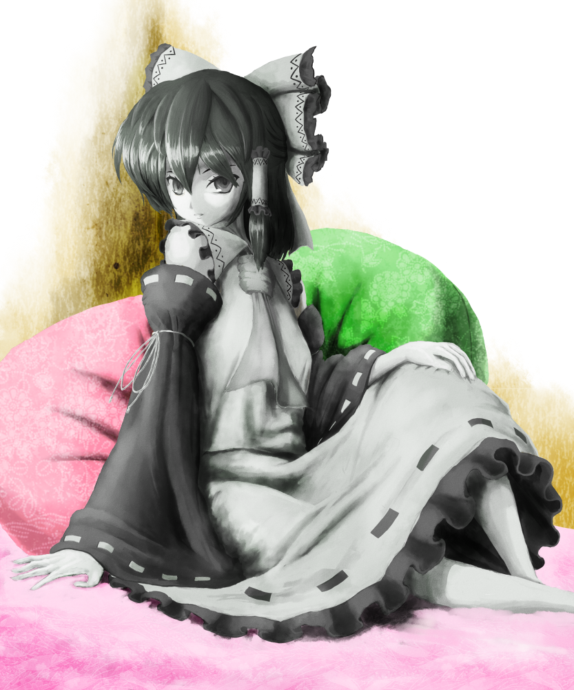 1girl 249lugia alternate_color ascot bow colored_skin detached_sleeves frilled_bow frilled_hair_tubes frills grey_hair grey_skin grey_skirt hair_bow hair_tubes hakurei_reimu hand_on_own_knee looking_at_viewer m.u.g.e.n on_pillow ribbon-trimmed_sleeves ribbon_trim sitting skirt skirt_set solo touhou