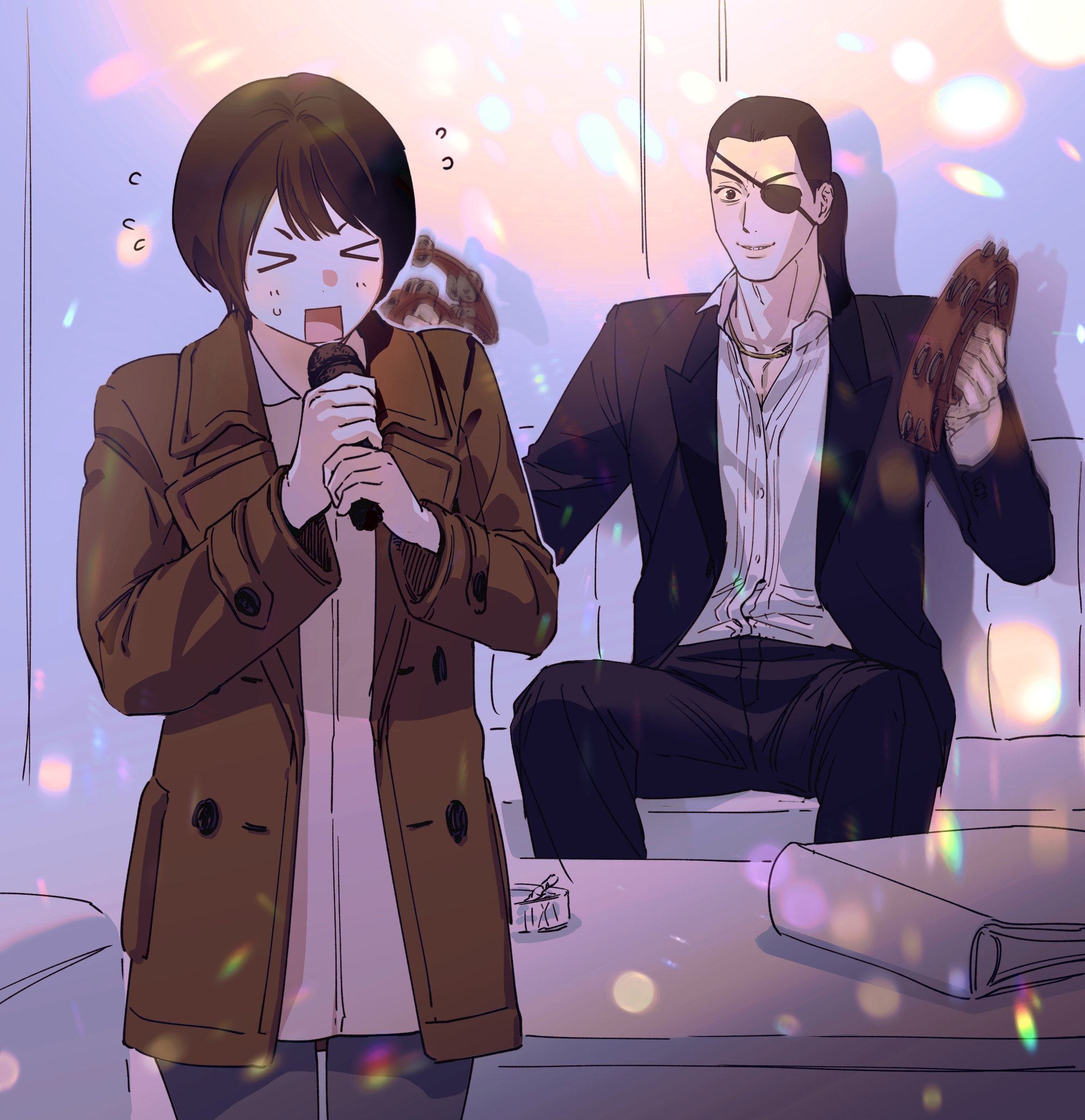 >_< 1boy 1girl ashtray black_eyes black_pants black_suit blind bob_cut book brown_coat brown_hair chain chain_necklace cigarette coat couch eyepatch formal_clothes happy highres holding holding_microphone instrument jewelry karaoke majima_goro makimura_makoto microphone music necklace noearykz on_couch pants ponytail rectangular_mouth ryuu_ga_gotoku_(series) ryuu_ga_gotoku_0 shirt shy singing sitting smile standing suit sweatdrop tambourine v-shaped_eyebrows white_shirt