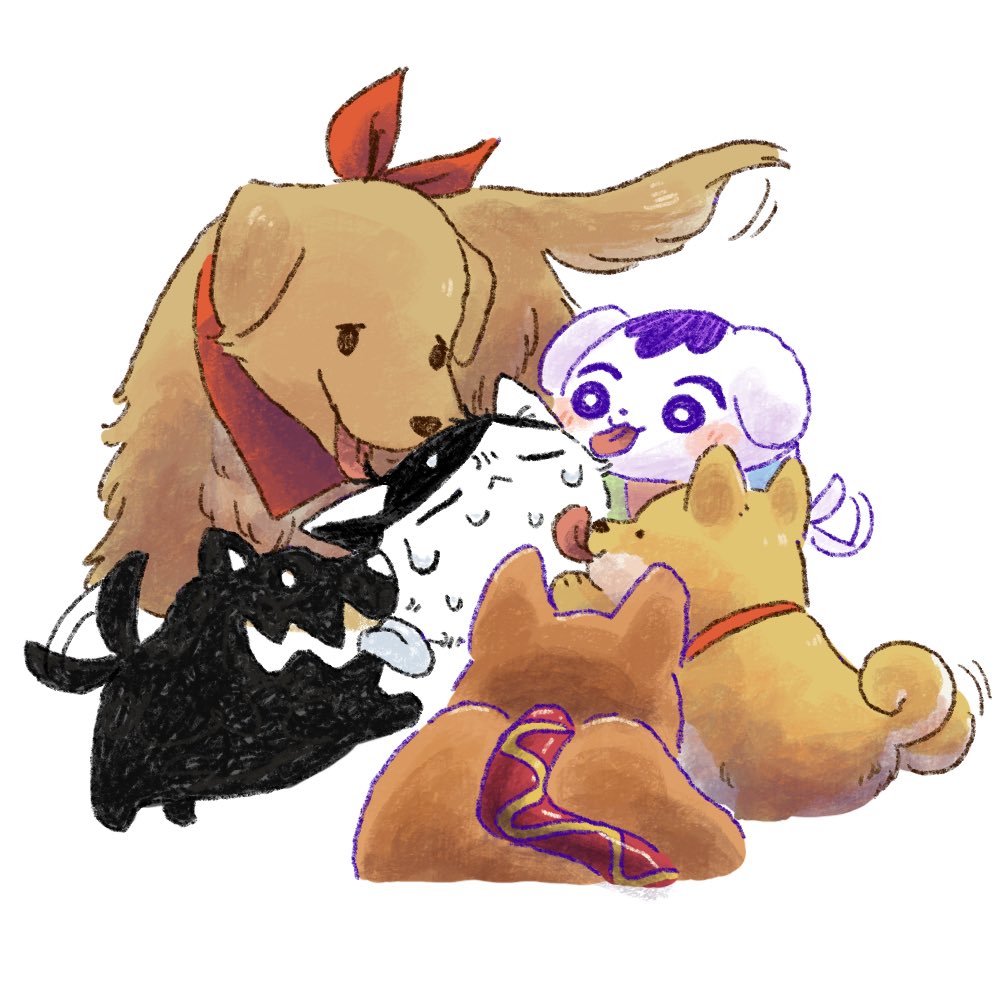 bandana black_hair bright_pupils cat dog hector_(omori) hot_diggity_dog_(omori) kel_(headspace)_(omori) kel_(omori) licking lucas_(omori) no_humans omori omori_(omori) purple_eyes purple_hair red_bandana shadow_dog_(omori) simple_background sun_iiinu tongue tongue_out white_background white_pupils