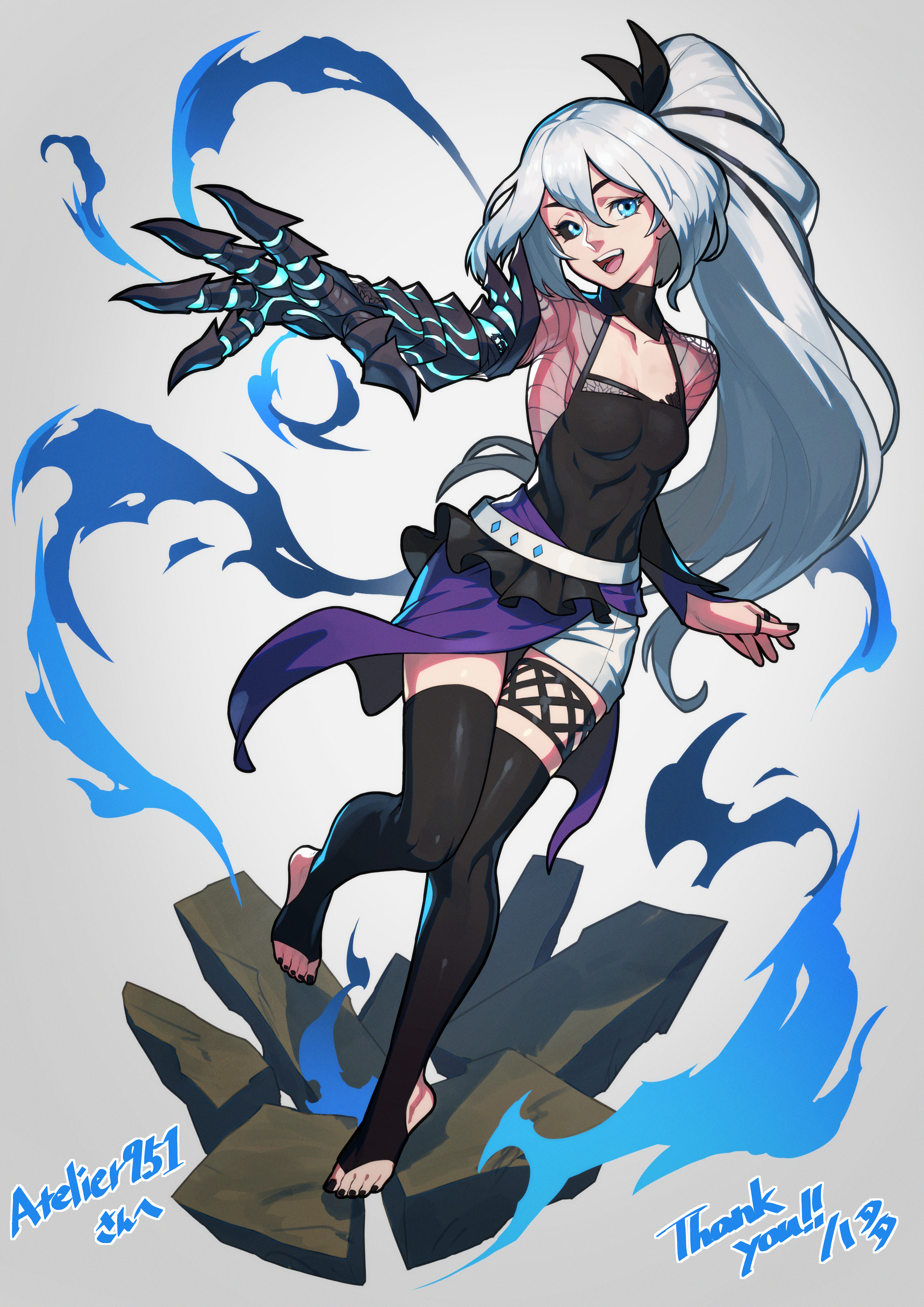1girl absurdres aiming attack black_nails black_ribbon black_sclera black_shirt black_thighhighs blue_eyes broken_ground claws colored_sclera commission commissioner_name demon_girl eris_(atelier951) feet grey_background hata4564 heterochromia highres incoming_attack magic nail_polish non-web_source open_mouth original powering_up ribbon see-through_clothes see-through_shirt shadow shiny_clothes shiny_skin shirt shorts single_fishnet_legwear skeb_commission skipping solo standing standing_on_one_leg stirrup_legwear teeth thank_you thighhighs toeless_legwear toenail_polish toenails tongue upper_teeth_only white_background white_hair white_shorts