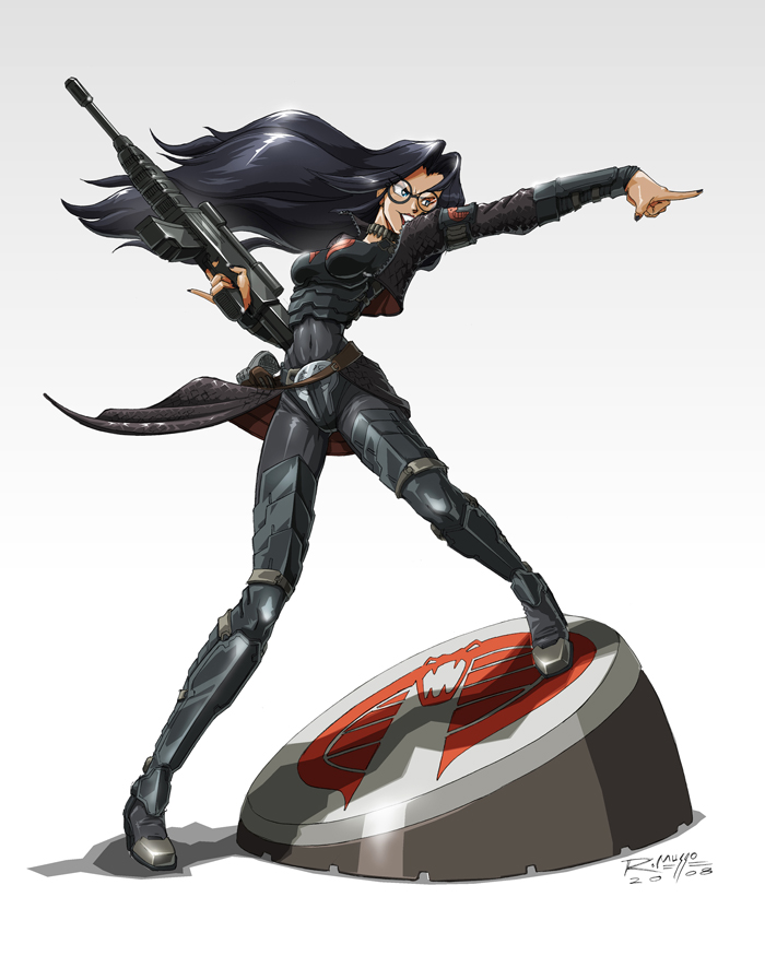 1girl 2008 animification assault_rifle baroness_(g.i._joe) black_bodysuit black_boots black_hair black_nails body_armor bodysuit boots breasts bulletproof_vest cobra_(animal) commentary dated female_focus full_body g.i._joe glasses gradient_background grey_background grin gun logo long_hair military nail_polish pinky_out pointing rex-203 rifle signature simple_background smile solo terrorist uniform weapon