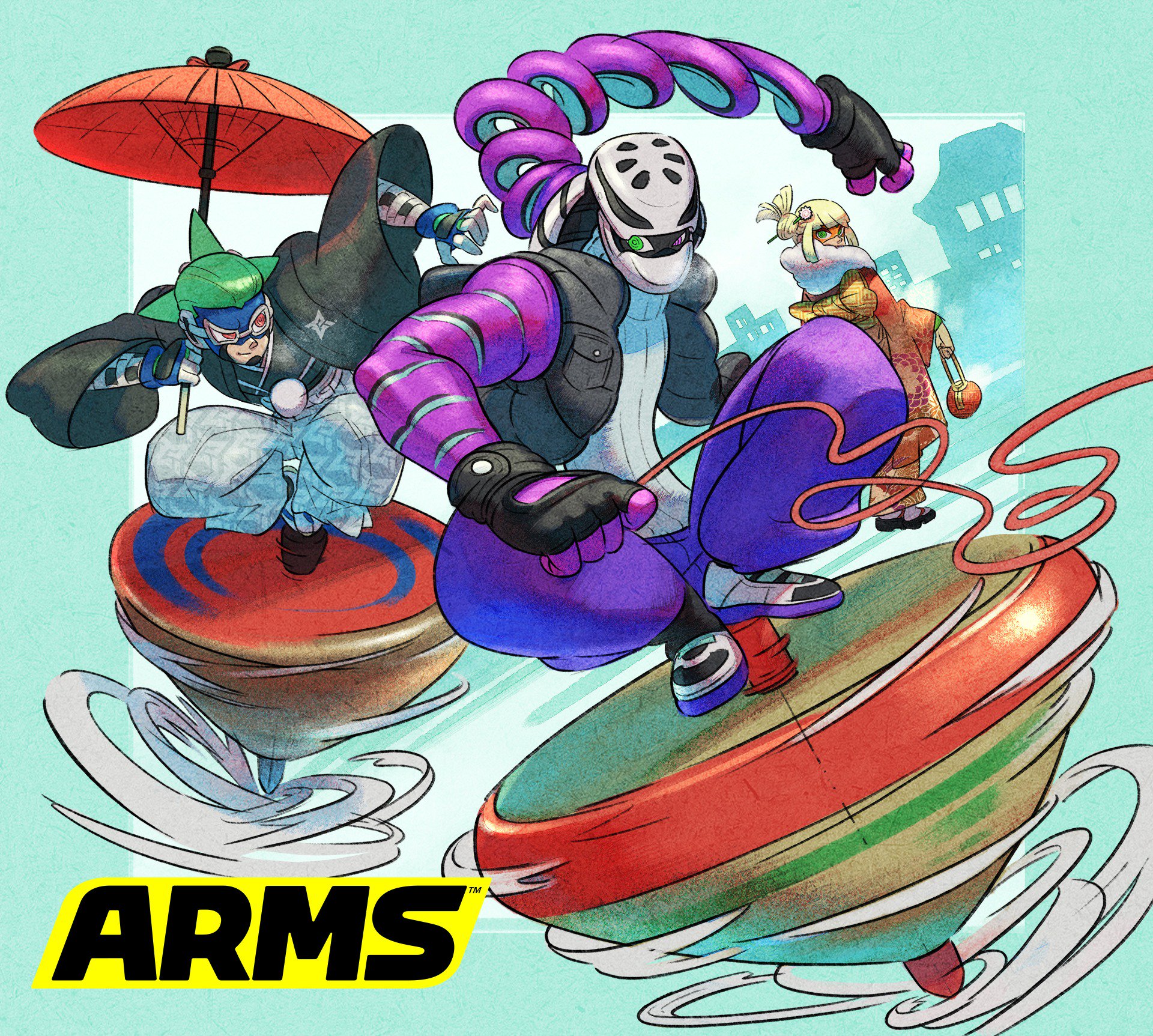 1girl 2018 2boys aqua_background arms_(game) beanie blonde_hair chain domino_mask food goggles green_eyes green_hair hat helmet highres japanese_clothes kid_cobra kimono long_hair looking_at_viewer male_focus mask min_min_(arms) multiple_boys new_year ninjara_(arms) noodles ponytail short_hair simple_background smile