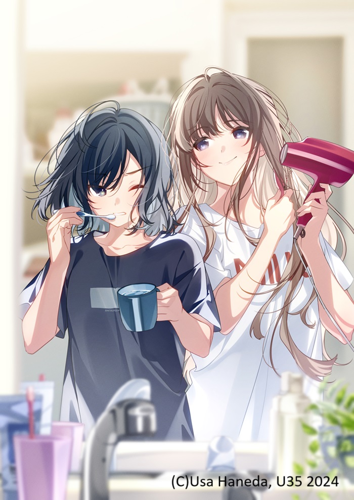 2girls artist_name black_hair brown_hair cup faucet hair_dryer holding holding_cup holding_hair_dryer holding_toothbrush long_hair medium_hair miyagi_shiori multiple_girls one_eye_closed sendai_hazuki shirt shuuniichido_classmate_wo_kau_hanashi smile t-shirt toothbrush u35