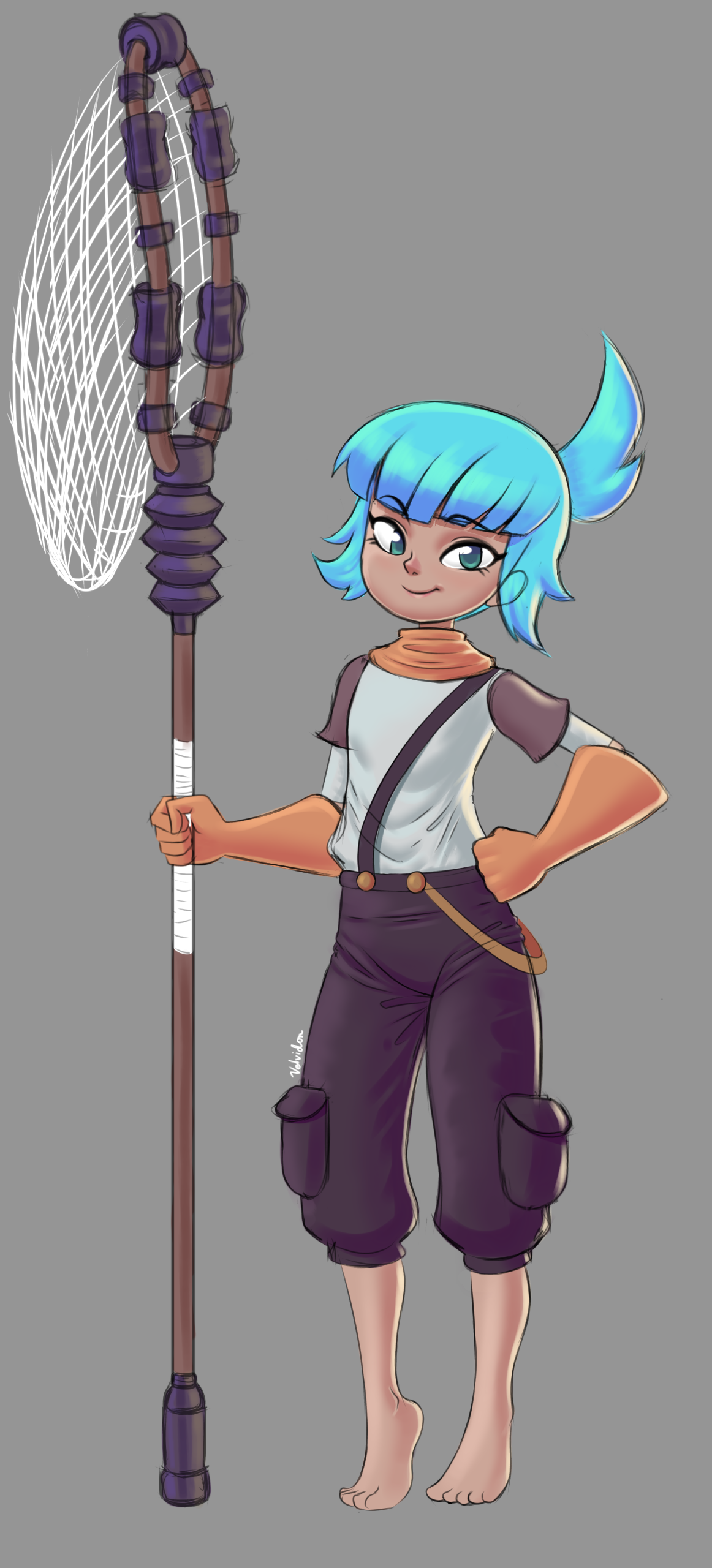 1girl 2023 absurdres artist_name barefoot blue_hair ear_visible_through_hair fist_on_hip flat_chest gloves grey_background highres holding holding_net holding_staff pockets_visible ponytail scarf shirt sigrid_(wavetale) solo staff tiptoes velvidon wavetale white_shirt yellow_gloves yellow_scarf