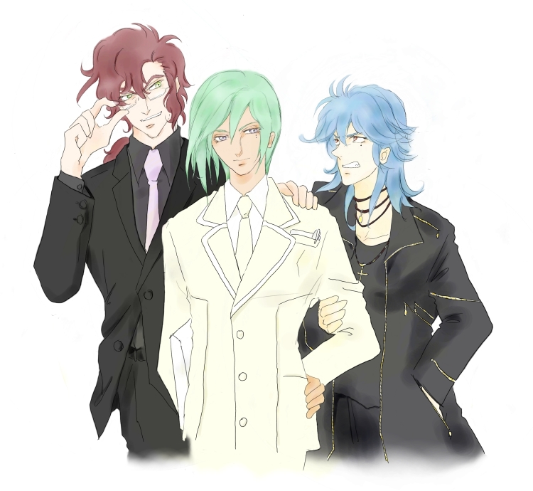 00s 3boys adjusting_eyewear ali_al-saachez brothers formal_clothes glasses gundam gundam_00 johann_trinity male_focus michael_trinity multiple_boys necktie siblings