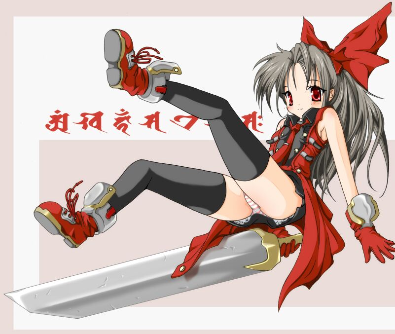 1girl 2000s_(style) archived_source ashita_yaru black_dress black_thighhighs bow buttons closed_mouth coat collared_dress commentary_request dress gloves grey_hair hair_bow holding holding_sword holding_weapon huge_weapon long_hair necktie original panties red_bow red_coat red_eyes red_footwear red_gloves red_necktie short_dress sleeveless sleeveless_coat smile solo split_mouth striped_clothes striped_panties sword thighhighs underwear weapon