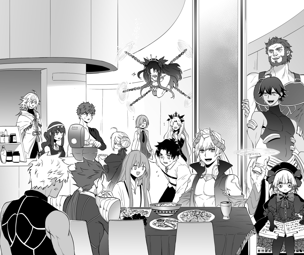 6+boys 6+girls anger_vein archer_(fate) artoria_pendragon_(fate) bare_pectorals beard bound chain chaldea_uniform commentary_request cu_chulainn_(fate) cu_chulainn_(fate/stay_night) cup dark-skinned_male dark_skin earrings eating emiya_shirou enkidu_(fate) enkidu_(weapon)_(fate) ereshkigal_(fate) facial_hair fate/grand_order fate_(series) food fujimaru_ritsuka_(male) gate_of_babylon_(fate) gilgamesh gilgamesh_(caster)_(fate) gilgamesh_(fate) glasses greyscale hair_bun hair_over_one_eye indian_clothes ishtar_(fate) iskandar_(fate) jewelry mash_kyrielight merlin_(fate) monochrome multiple_boys multiple_girls nursery_rhyme_(fate) opaque_glasses ozymandias_(fate) parvati_(fate) pectorals plate portrait_(object) rice_cooker saber_(fate) senji_muramasa_(fate) shiba44469 shoulder_plates shoulder_tattoo single_hair_bun stone_tablet table tattoo tied_up_(nonsexual) two_side_up