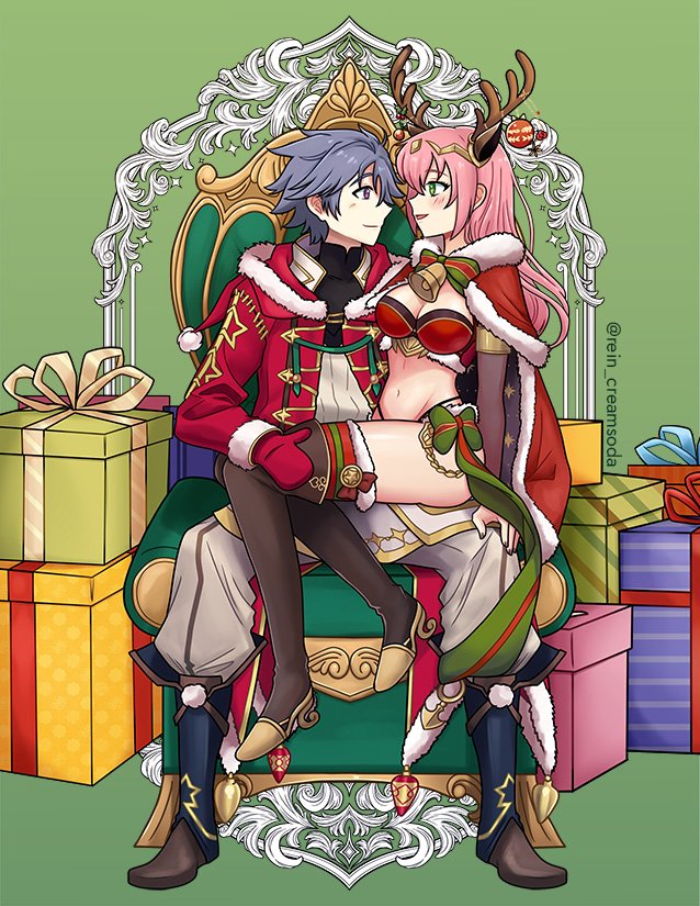 1boy 1girl bell bikini black_hair blush boots box breasts couple eiyuu_densetsu falcom gift gift_box gloves green_eyes green_ribbon horns juna_crawford long_hair merry_christmas orb pink_hair purple_eyes rean_schwarzer red_gloves ribbon santa_costume sen_no_kiseki_(series) sitting sitting_on_lap sitting_on_person smile swimsuit thighs wide_hips