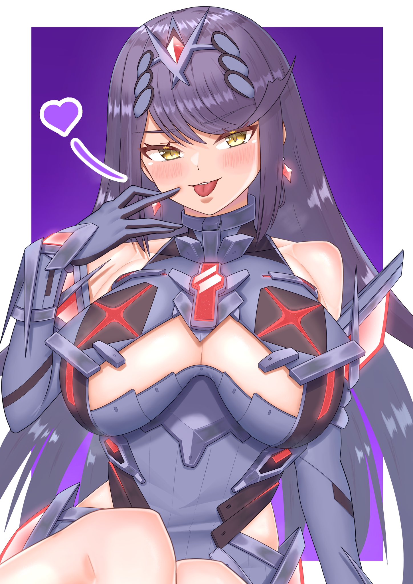 1girl alternate_color blush border breasts chest_jewel cleavage core_crystal_(xenoblade) cowboy_shot dress earrings grey_dress grey_hair heart highres jewelry large_breasts long_hair meipasuye mythra_(xenoblade) purple_background simple_background sitting solo tiara tongue tongue_out very_long_hair white_border xenoblade_chronicles_(series) xenoblade_chronicles_2 yellow_eyes