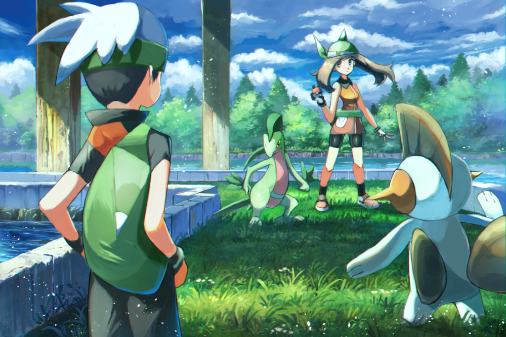 1boy 1girl bad_id bad_twitter_id bandana bike_shorts brendan_(pokemon) brendan_(pokemon_emerald) brown_hair cloud commentary_request day fanny_pack gen_3_pokemon grass green_bandana grovyle holding holding_poke_ball long_hair marshtomp may_(pokemon) may_(pokemon_emerald) nintendo outdoors poke_ball poke_ball_(basic) pokemon pokemon_(creature) pokemon_emerald pokemon_rse rowdon shoes sky socks standing tree water